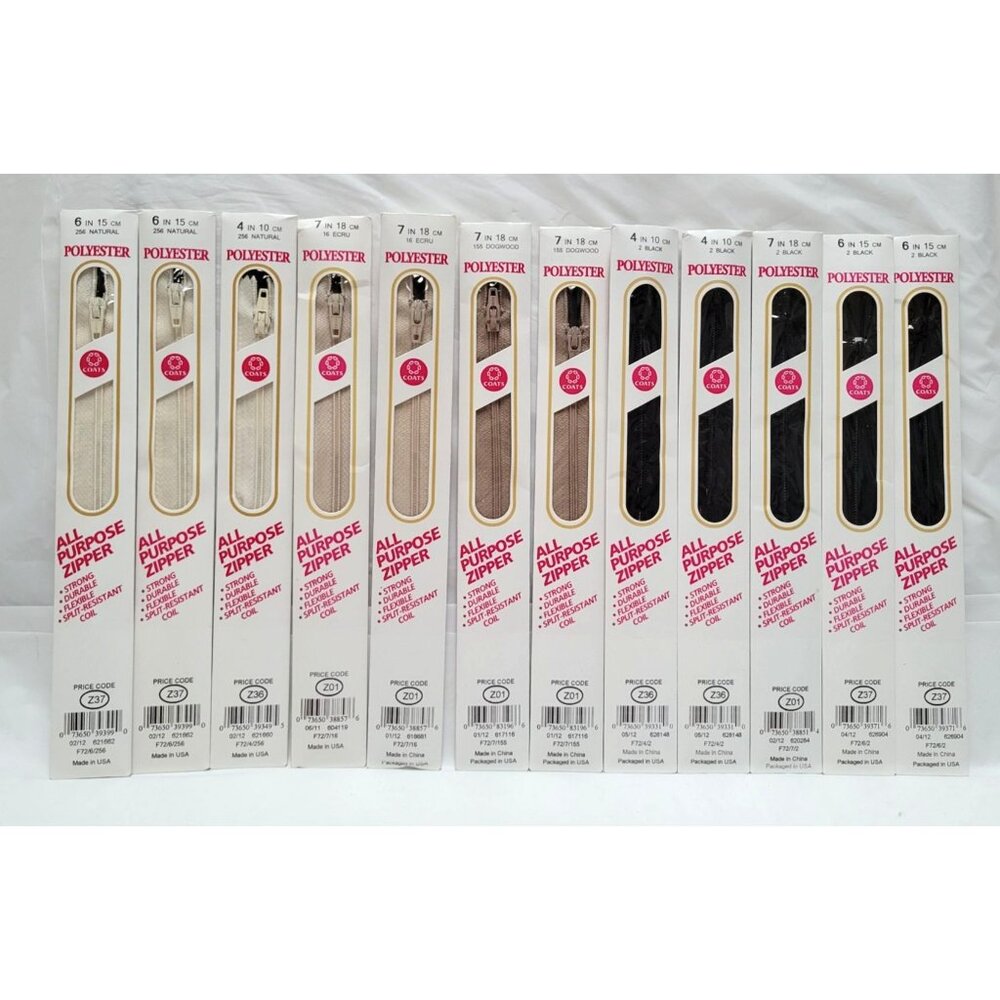Lot of 12 Coats Polyester All-Purpose 4" - 7" Zippers Natural Ecru Dogwood Black
